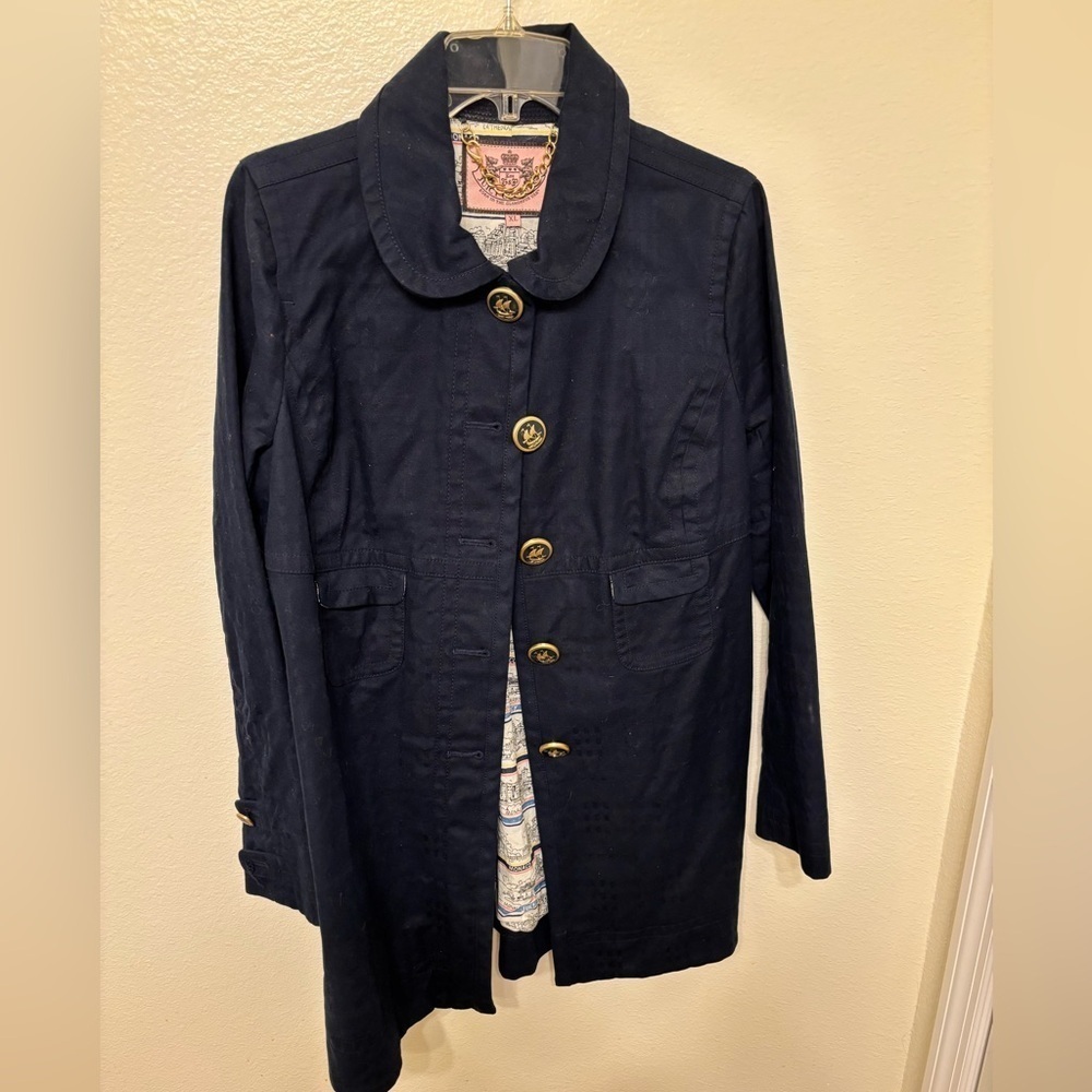 Juicy Couture navy coat with Gold Chain Detail